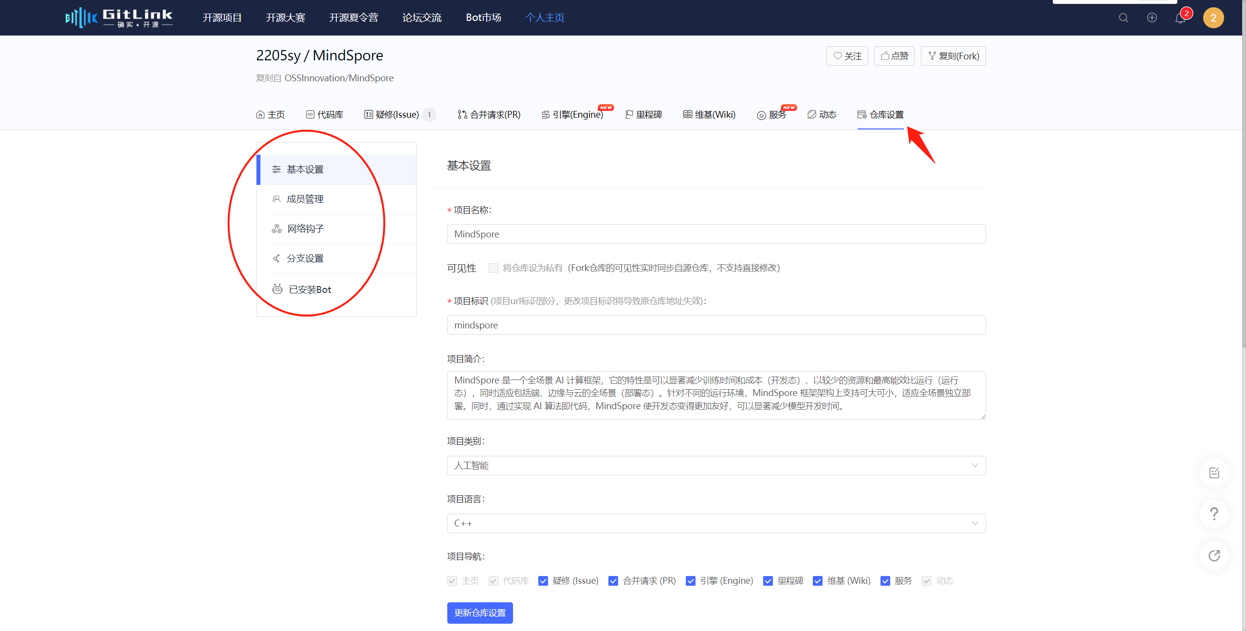 Repository Settings Interface